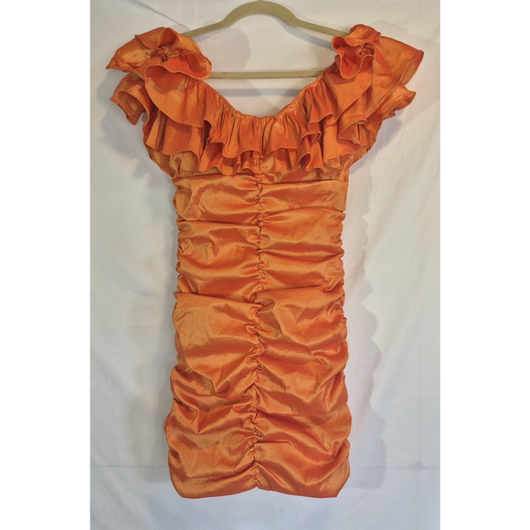 New Lovers & Friends Orange Nikolina Ruffled Off the Shoulder Ruched Dress Small - Picture 3 of 8